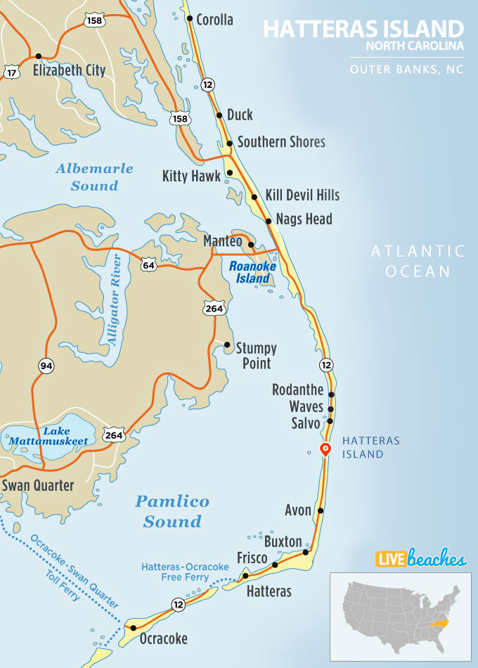 Map of Hatteras Island, North Carolina, Outer Banks - LiveBeaches.com