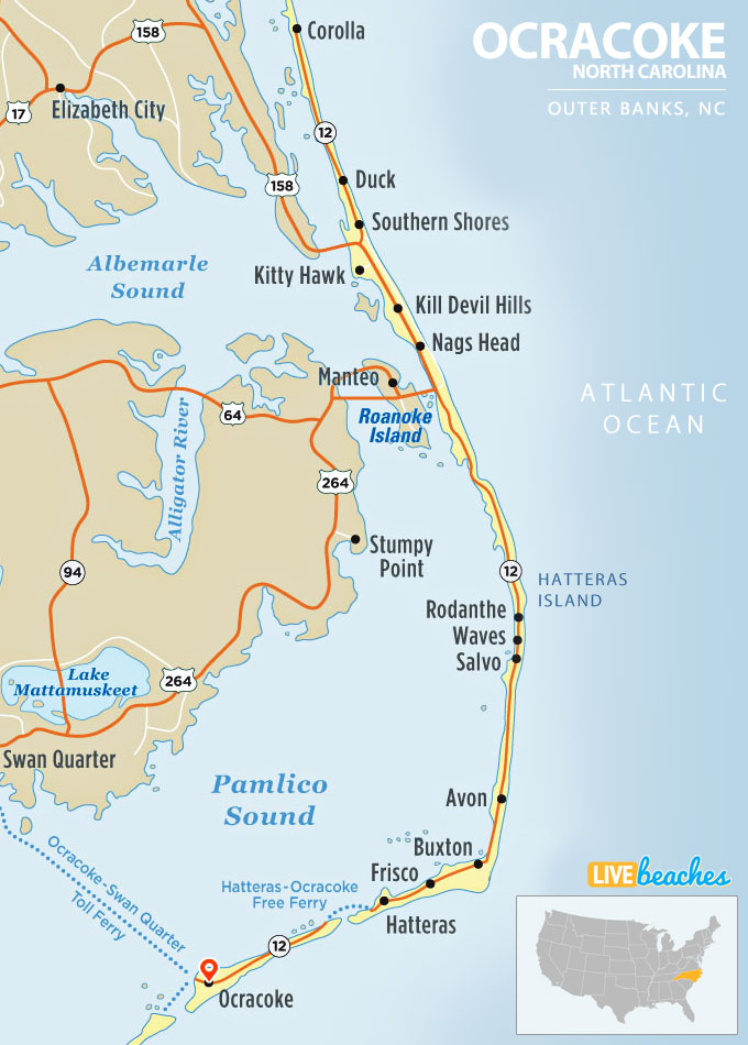 Map of Ocracoke Island, North Carolina, Outer Banks - LiveBeaches.com