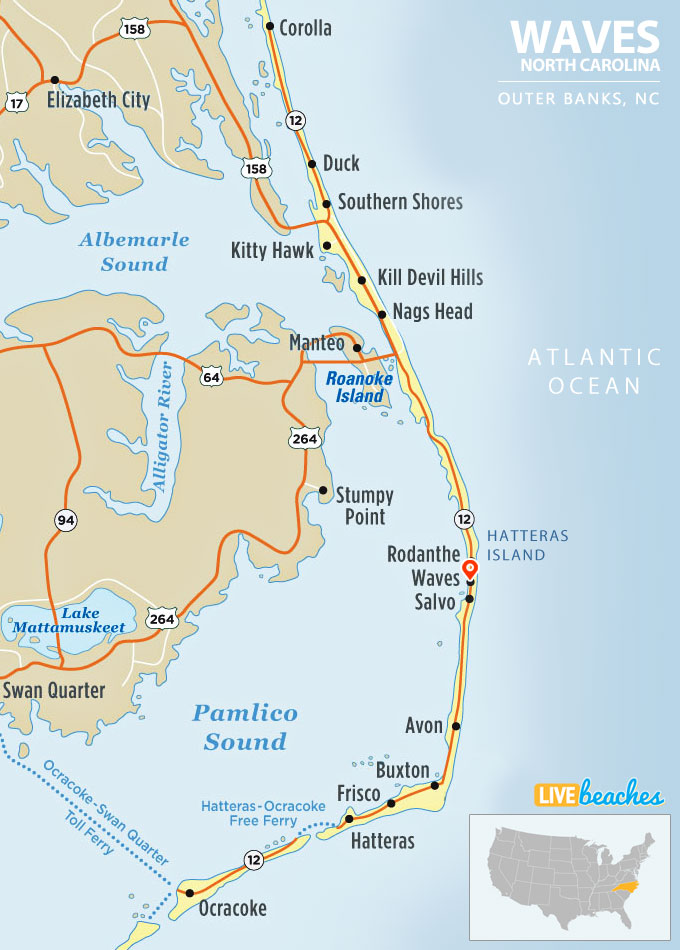 Map of Waves, North Carolina, Outer Banks - LiveBeaches.com