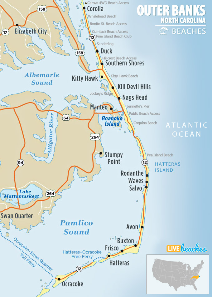 Map of Outer Banks North Carolina Beaches, OBX - LiveBeaches.com