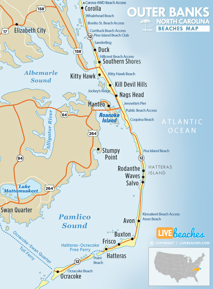 Map of Outer Banks North Carolina Beaches, OBX - LiveBeaches.com