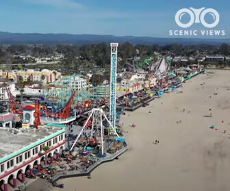 Scenic Views of Santa Cruz Boardwalk, flyover drone video