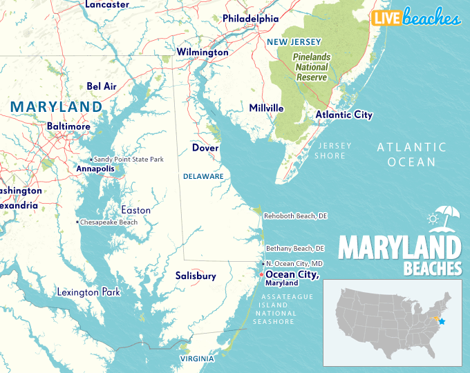 Map of Beaches in Maryland, Resort Areas, Coastal Towns - LiveBeaches.com