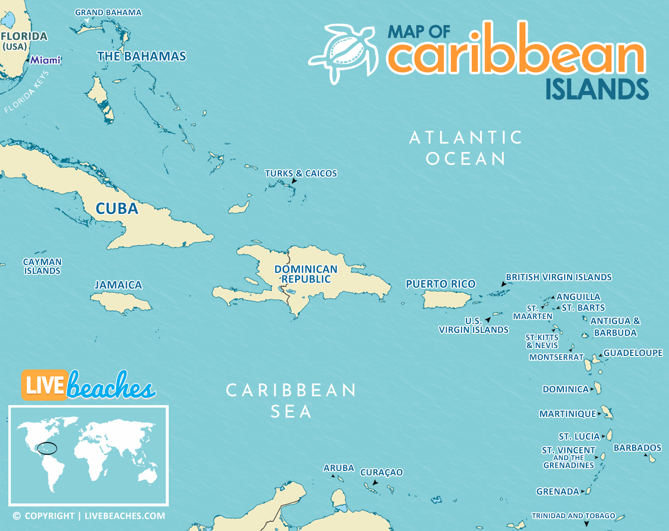 Map of the Caribbean Islands and Resort Beaches | Labeled and Printable - LiveBeaches.com