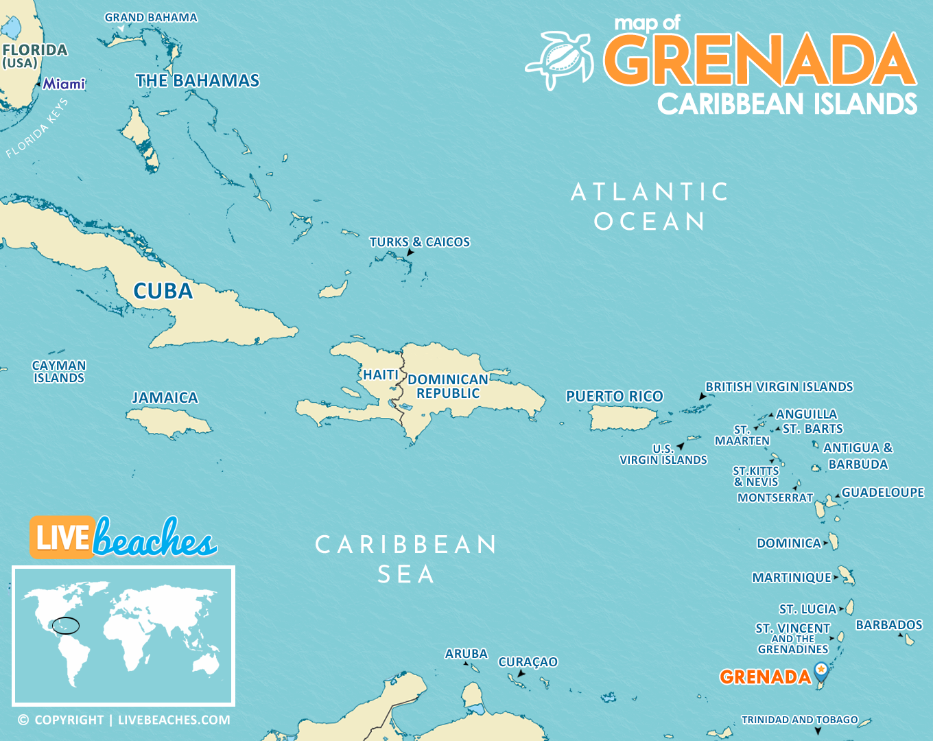 Map of Grenada, Caribbean Islands and Resort Beaches | Hi-Res and Printable - LiveBeaches.com