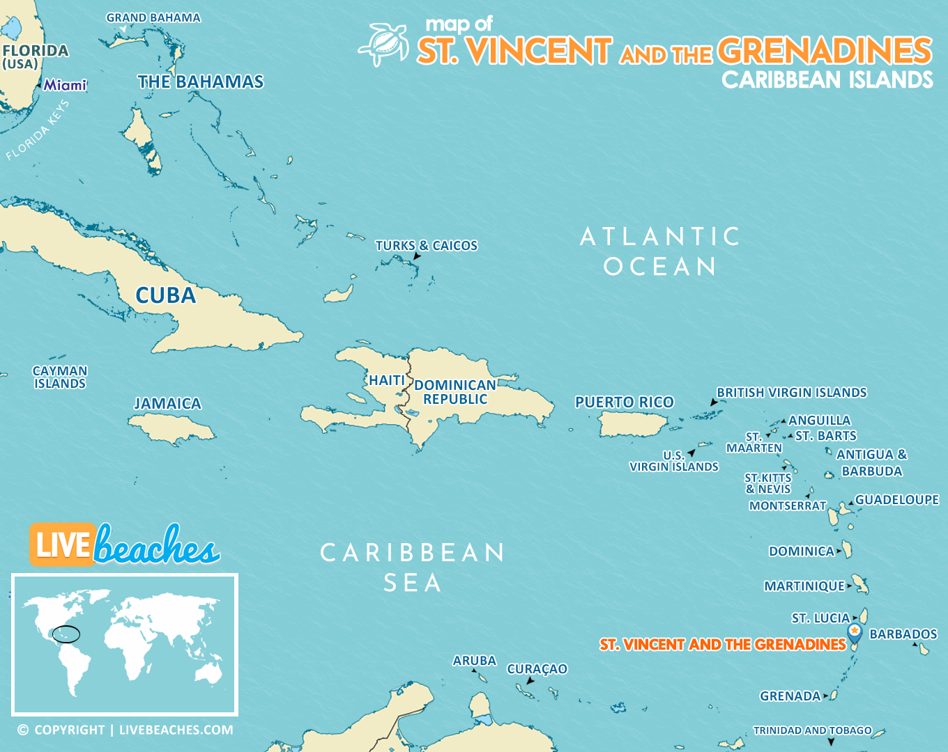 Map of Saint Vincent and the Grenadines - Live Beaches