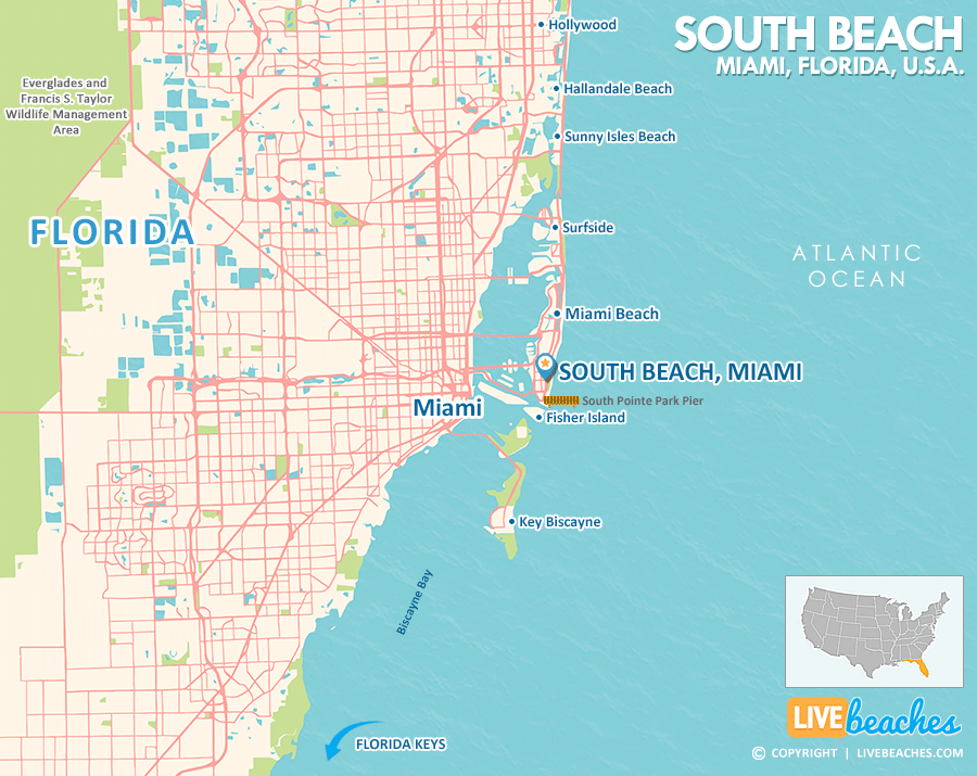 South Beach Miami Florida Map, Best Beaches, USA - LiveBeaches.com
