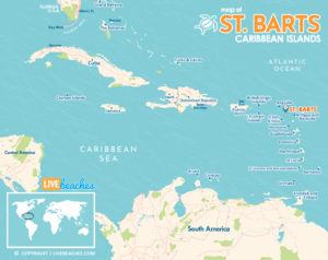 Saint Barts Map, St Barthélemy Caribbean Islands and Resort Beaches | Printable Map from LiveBeaches.com