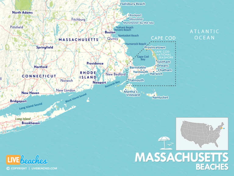 Modern Map of Beaches in Massachusetts - Live Beaches