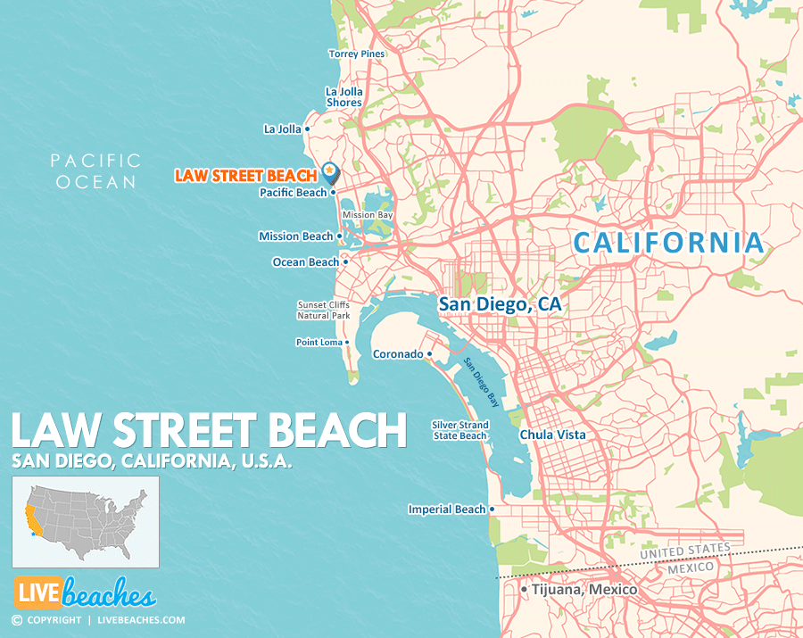 Law Street Beach Map in San Diego, California