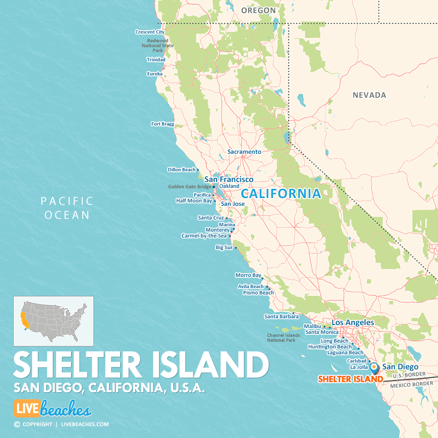 Map of Shelter Island in San Diego, California, Nearby Beaches